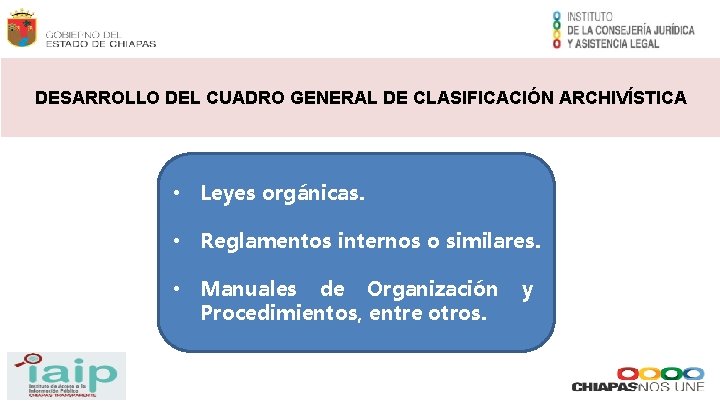 DESARROLLO DEL CUADRO GENERAL DE CLASIFICACIÓN ARCHIVÍSTICA • Leyes orgánicas. • Reglamentos internos o