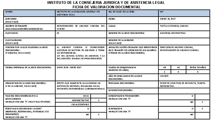 INSTITUTO DE LA CONSEJERIA JURIDICA Y DE ASISTENCIA LEGAL FICHA DE VALORACION DOCUMENTAL FONDO