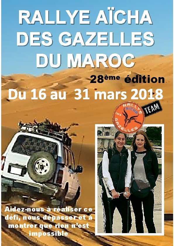RALLYE AÏCHA DES GAZELLES DU MAROC 28ème édition Du 16 au 31 mars 2018