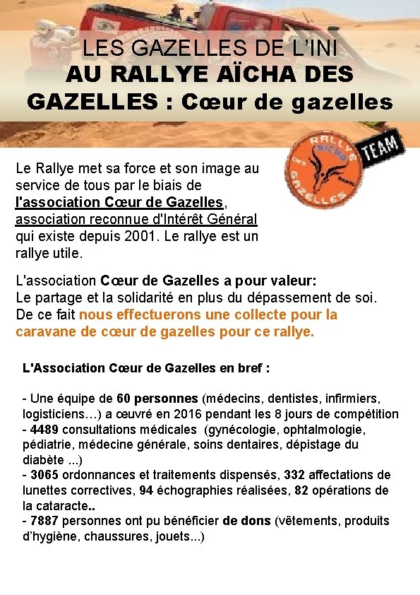 LES GAZELLES DE L’INI AU RALLYE AÏCHA DES GAZELLES : Cœur de gazelles Le