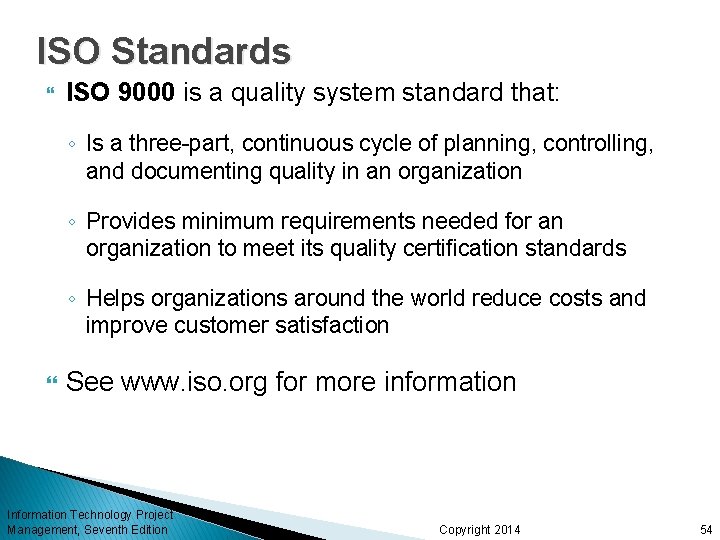 ISO Standards ISO 9000 is a quality system standard that: ◦ Is a three-part,