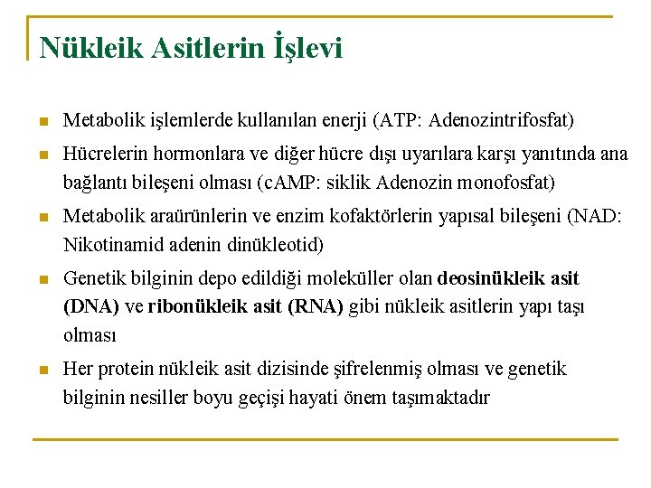 Nükleik Asitlerin İşlevi n Metabolik işlemlerde kullanılan enerji (ATP: Adenozintrifosfat) n Hücrelerin hormonlara ve