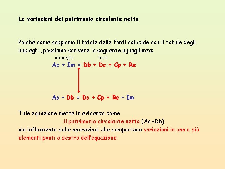 Le variazioni del patrimonio circolante netto Poiché come sappiamo il totale delle fonti coincide