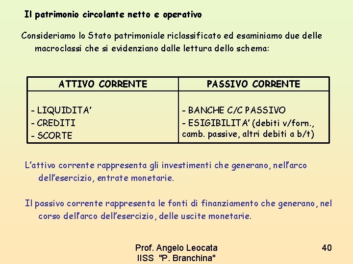 Il patrimonio circolante netto e operativo Consideriamo lo Stato patrimoniale riclassificato ed esaminiamo due