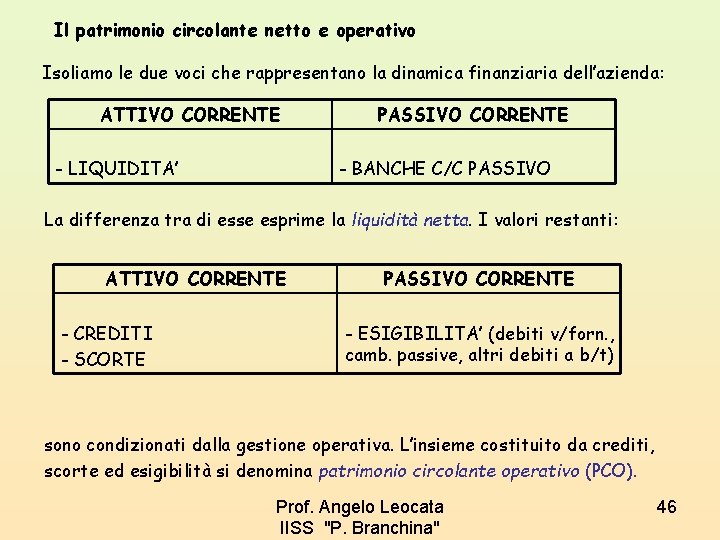 Il patrimonio circolante netto e operativo Isoliamo le due voci che rappresentano la dinamica