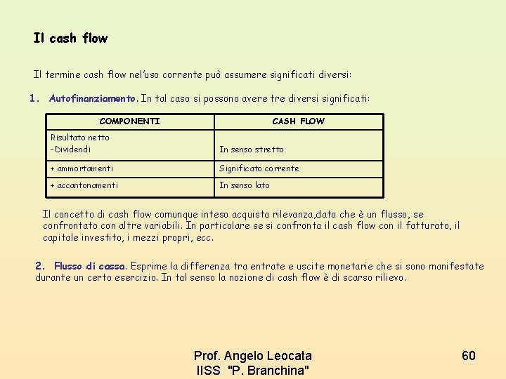 Il cash flow Il termine cash flow nel’uso corrente può assumere significati diversi: 1.