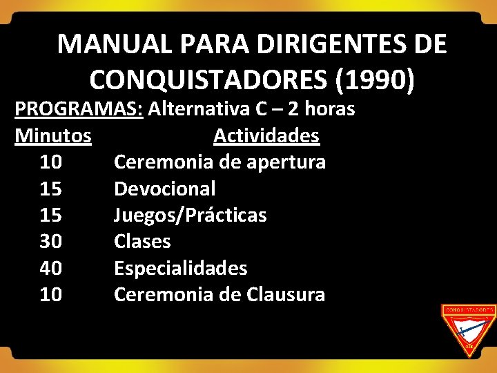 MANUAL PARA DIRIGENTES DE CONQUISTADORES (1990) PROGRAMAS: Alternativa C – 2 horas Minutos Actividades