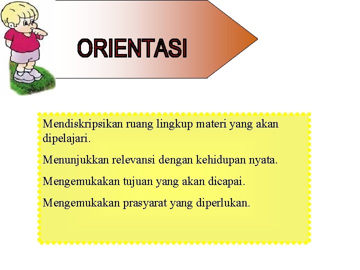 Mendiskripsikan ruang lingkup materi yang akan dipelajari. Menunjukkan relevansi dengan kehidupan nyata. Mengemukakan tujuan