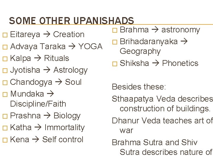 SOME OTHER UPANISHADS Eitareya Creation � Advaya Taraka YOGA � Kalpa Rituals � Jyotisha