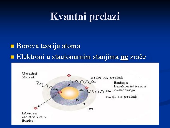 Kvantni prelazi Borova teorija atoma n Elektroni u stacionarnim stanjima ne zrače energiju n
