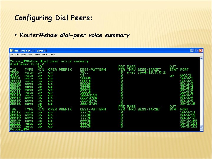 Configuring Dial Peers: • Router#show dial-peer voice summary 