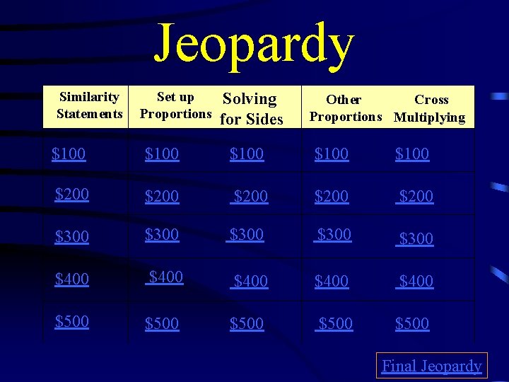 Jeopardy Similarity Statements Set up Proportions Solving for Sides Cross Other Proportions Multiplying $100