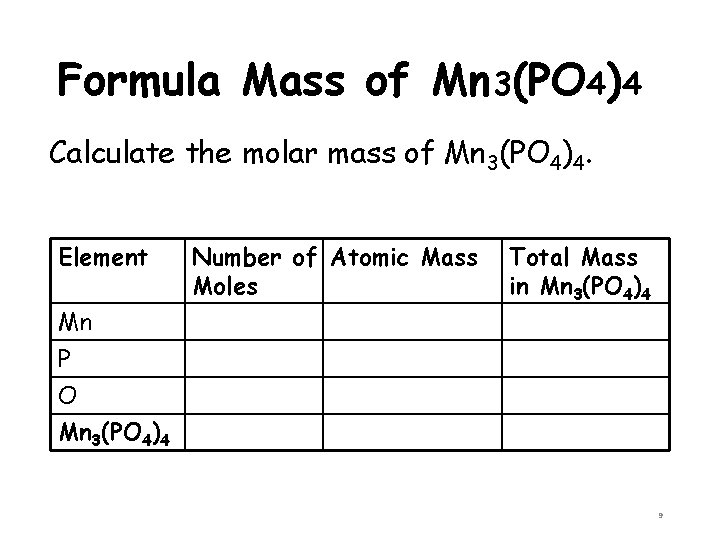 Formula Mass of Mn 3(PO 4)4 Calculate the molar mass of Mn 3(PO 4)4.