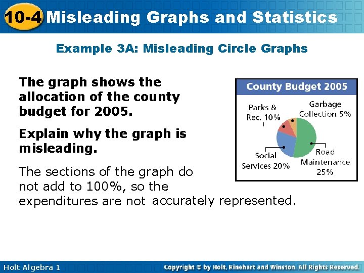 10 -4 Misleading Graphs and Statistics Example 3 A: Misleading Circle Graphs The graph