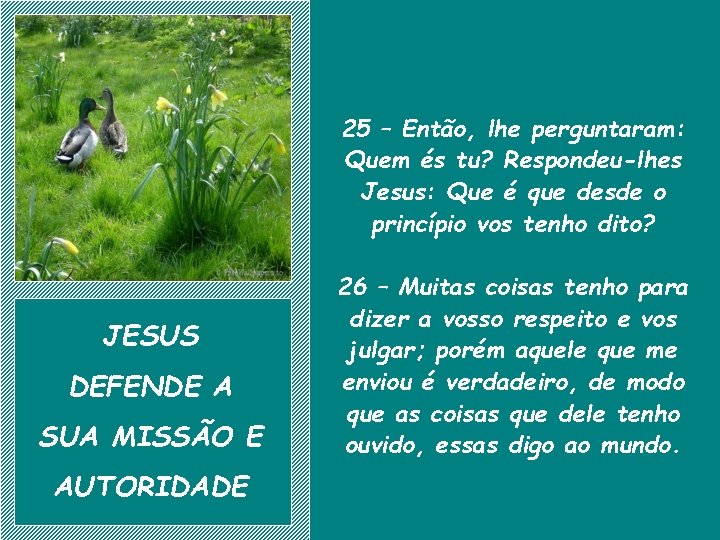 25 – Então, lhe perguntaram: Quem és tu? Respondeu-lhes Jesus: Que é que desde