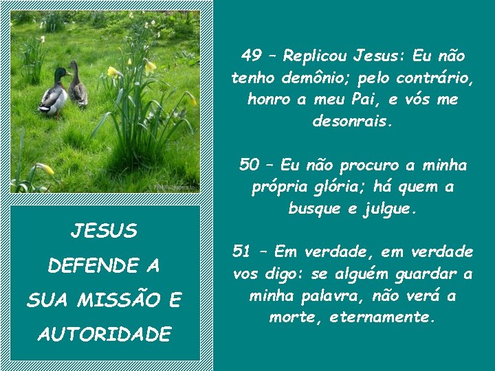 49 – Replicou Jesus: Eu não tenho demônio; pelo contrário, honro a meu Pai,