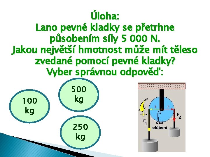 Úloha: Lano pevné kladky se přetrhne působením síly 5 000 N. Jakou největší hmotnost