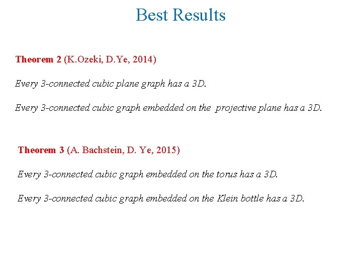 Best Results Theorem 2 (K. Ozeki, D. Ye, 2014) Every 3 -connected cubic plane