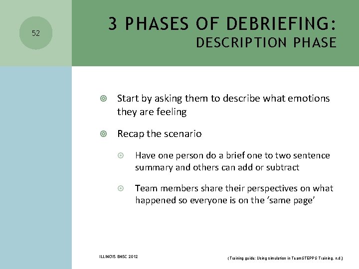 3 PHASES OF DEBRIEFING: 52 DESCRIPTION PHASE Start by asking them to describe what