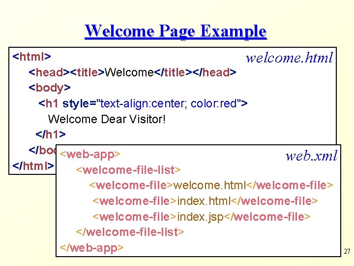 Welcome Page Example <html> welcome. html <head><title>Welcome</title></head> <body> <h 1 style="text-align: center; color: red">