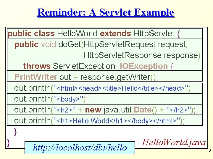 Reminder: A Servlet Example public class Hello. World extends Http. Servlet { public void