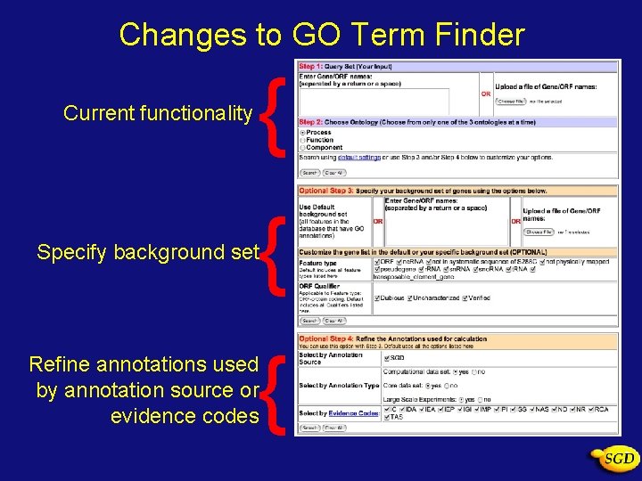 Changes to GO Term Finder Current functionality { { Specify background set { Refine