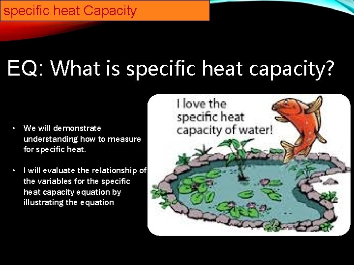 specific heat Capacity EQ: What is specific heat capacity? • We will demonstrate understanding