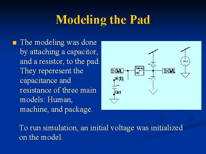 Modeling the Pad n The modeling was done by attaching a capacitor, and a