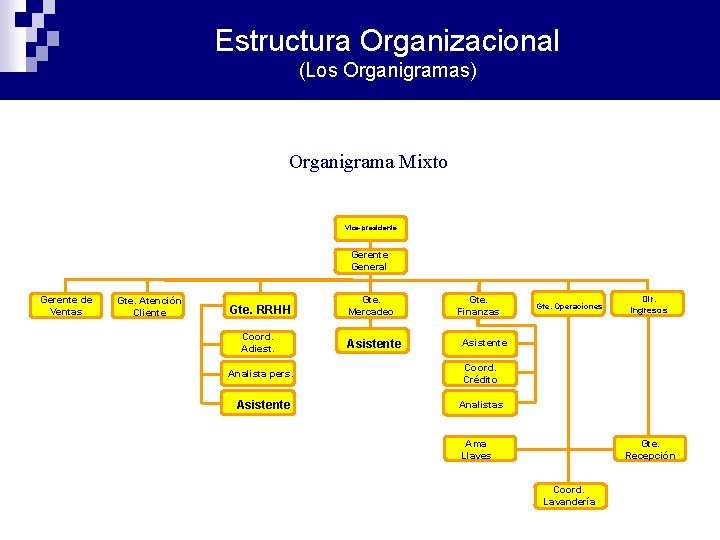 Estructura Organizacional (Los Organigramas) Organigrama Mixto Vice-presidente Gerente General Gerente de Ventas Gte. Atención