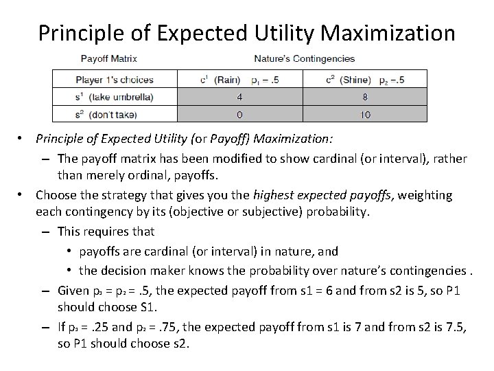 Principle of Expected Utility Maximization • Principle of Expected Utility (or Payoff) Maximization: –