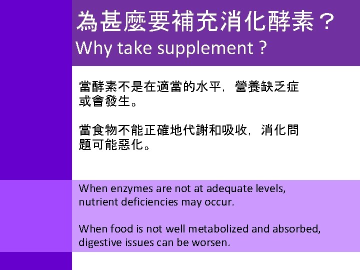 為甚麼要補充消化酵素？ Why take supplement ? 當酵素不是在適當的水平，營養缺乏症 或會發生。 當食物不能正確地代謝和吸收，消化問 題可能惡化。 When enzymes are not at