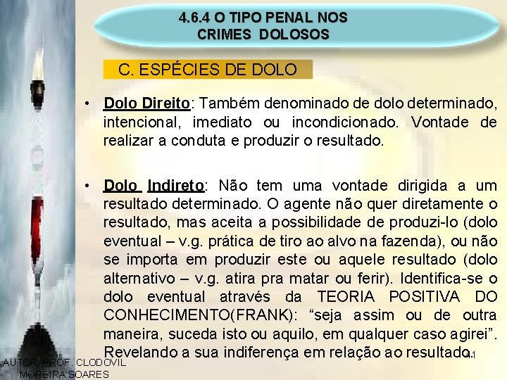 4. 6. 4 O TIPO PENAL NOS CRIMES DOLOSOS C. ESPÉCIES DE DOLO •