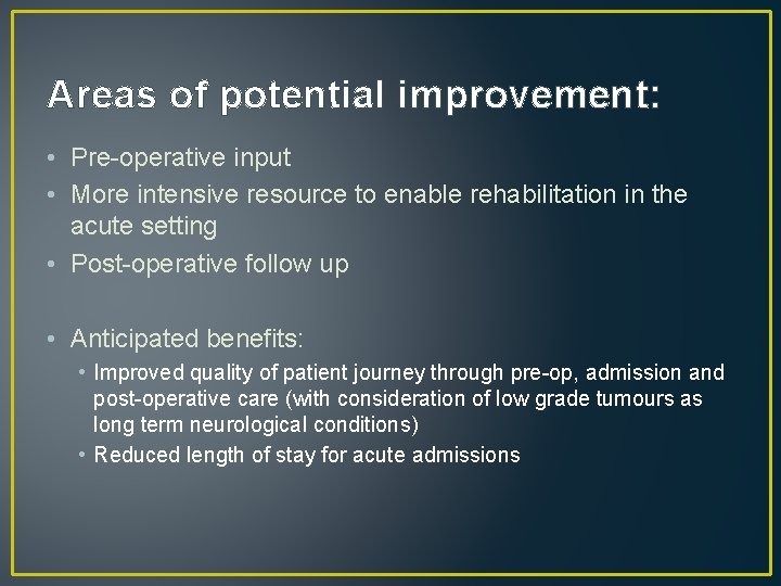 Areas of potential improvement: • Pre-operative input • More intensive resource to enable rehabilitation