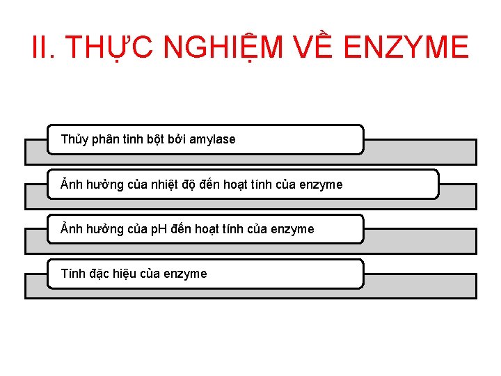 II. THỰC NGHIỆM VỀ ENZYME Thủy phân tinh bột bởi amylase Ảnh hưởng của