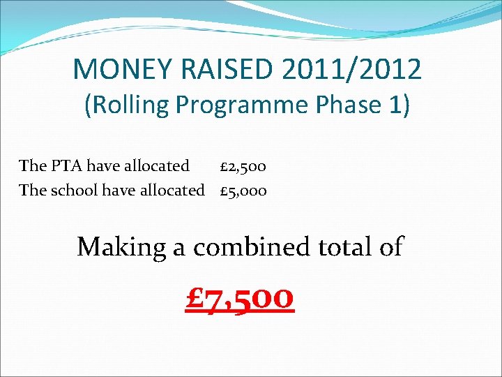 MONEY RAISED 2011/2012 (Rolling Programme Phase 1) The PTA have allocated £ 2, 500