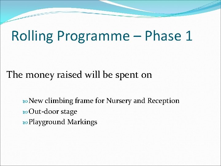 Rolling Programme – Phase 1 The money raised will be spent on New climbing