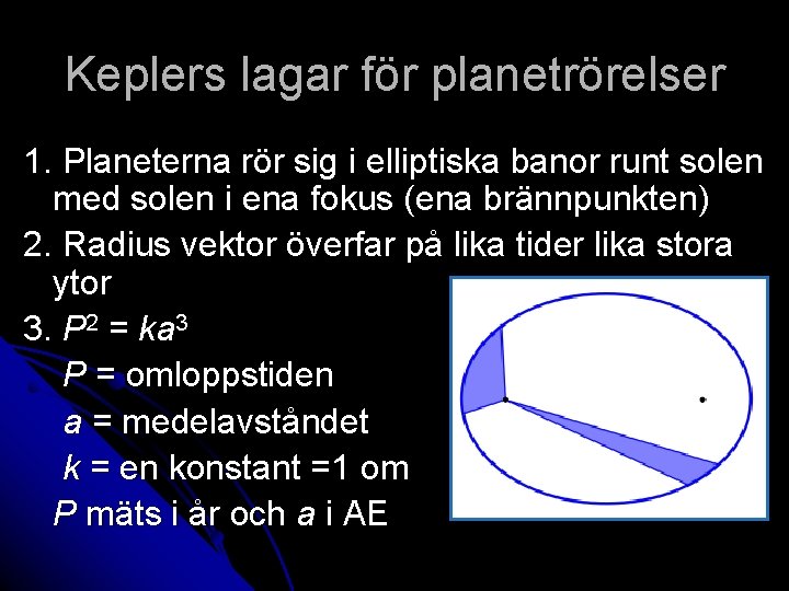 Keplers lagar för planetrörelser 1. Planeterna rör sig i elliptiska banor runt solen med