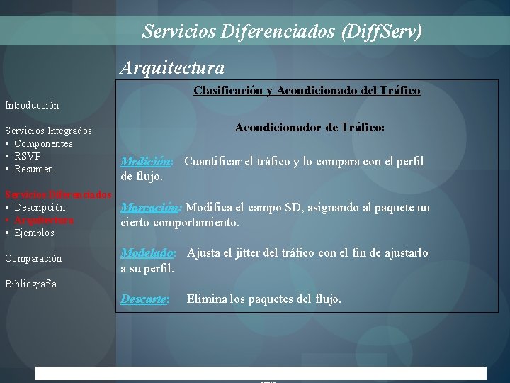 Servicios Diferenciados (Diff. Serv) Arquitectura Clasificación y Acondicionado del Tráfico Introducción Servicios Integrados •