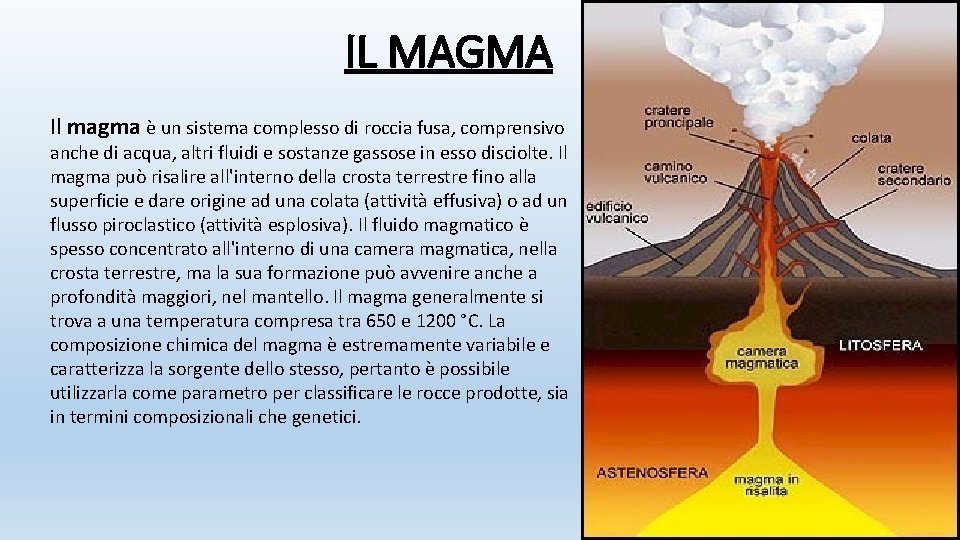 IL MAGMA Il magma è un sistema complesso di roccia fusa, comprensivo anche di