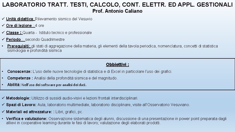 LABORATORIO TRATT. TESTI, CALCOLO, CONT. ELETTR. ED APPL. GESTIONALI Prof. Antonio Caliano ü Unità