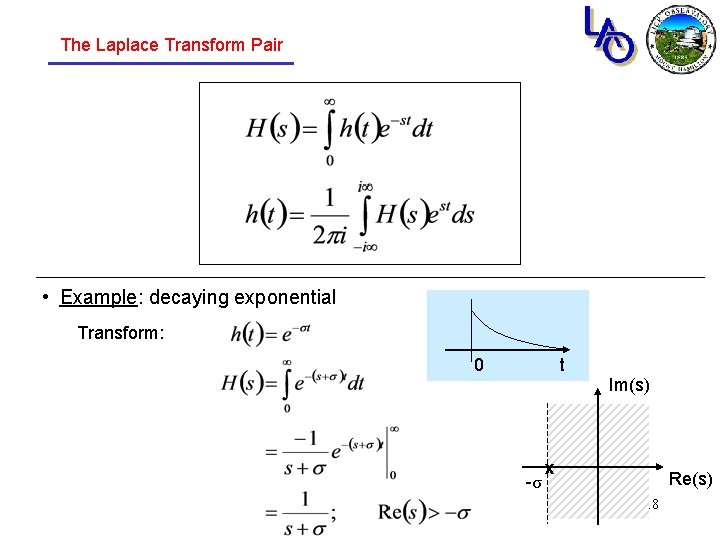 The Laplace Transform Pair • Example: decaying exponential Transform: 0 t Im(s) -σ x The Laplace Transform Pair • Example: decaying exponential Transform: 0 t Im(s) -σ x