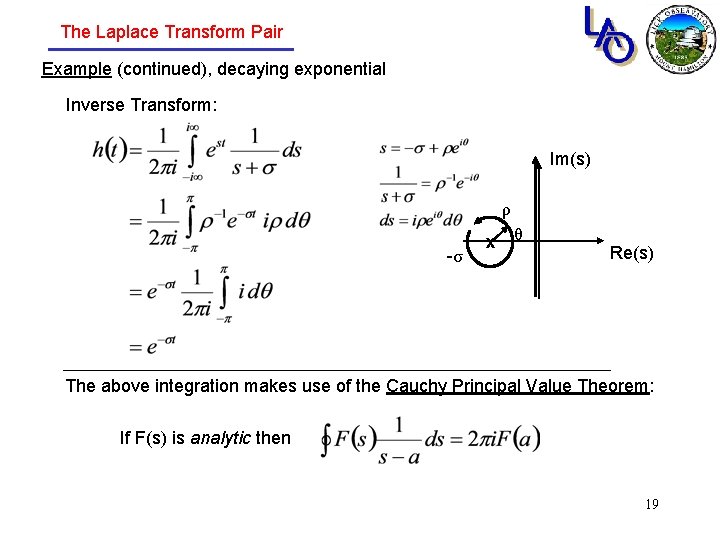 The Laplace Transform Pair Example (continued), decaying exponential Inverse Transform: Im(s) ρ -σ x The Laplace Transform Pair Example (continued), decaying exponential Inverse Transform: Im(s) ρ -σ x