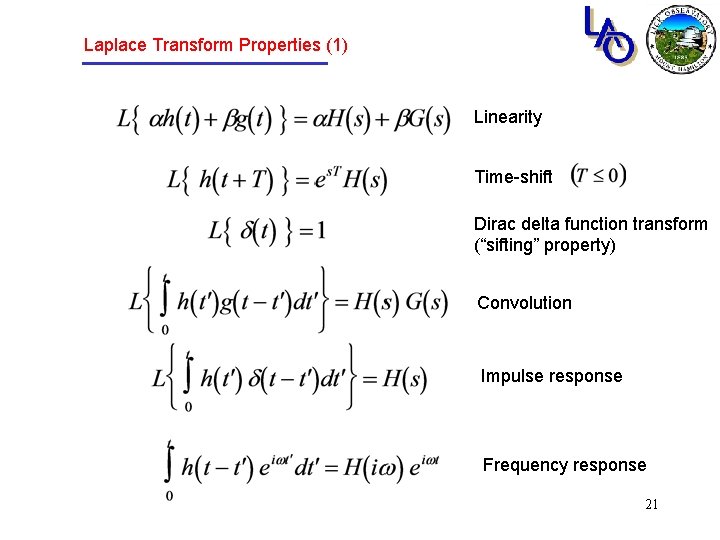 Laplace Transform Properties (1) Linearity Time-shift Dirac delta function transform (“sifting” property) Convolution Impulse Laplace Transform Properties (1) Linearity Time-shift Dirac delta function transform (“sifting” property) Convolution Impulse