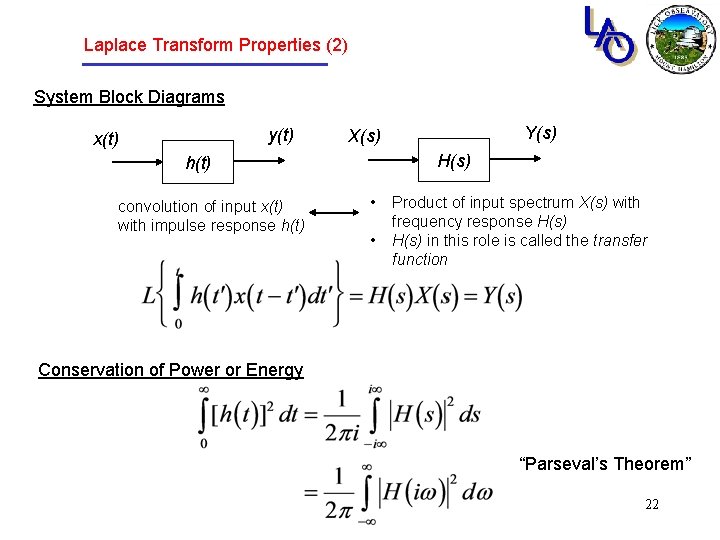 Laplace Transform Properties (2) System Block Diagrams y(t) x(t) H(s) h(t) convolution of input Laplace Transform Properties (2) System Block Diagrams y(t) x(t) H(s) h(t) convolution of input