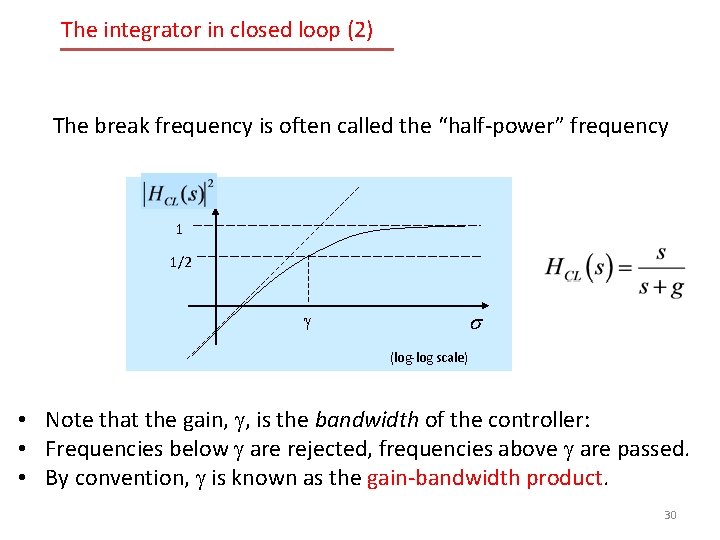 The integrator in closed loop (2) The break frequency is often called the “half-power” The integrator in closed loop (2) The break frequency is often called the “half-power”
