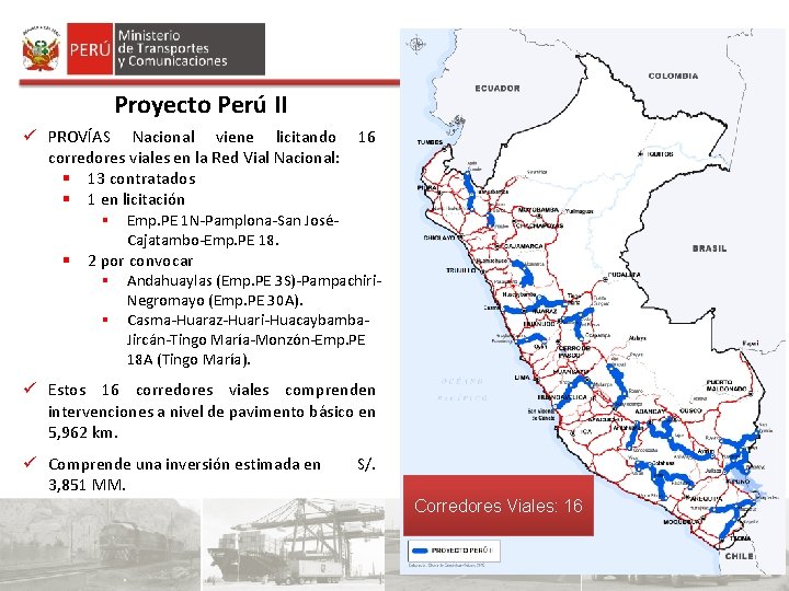 Proyecto Perú II ü PROVÍAS Nacional viene licitando 16 corredores viales en la Red Proyecto Perú II ü PROVÍAS Nacional viene licitando 16 corredores viales en la Red