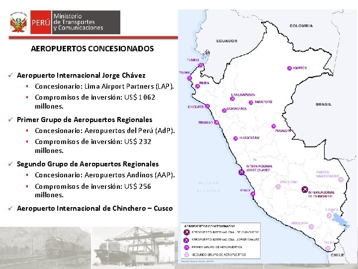 AEROPUERTOS CONCESIONADOS ü Aeropuerto Internacional Jorge Chávez § Concesionario: Lima Airport Partners (LAP). § AEROPUERTOS CONCESIONADOS ü Aeropuerto Internacional Jorge Chávez § Concesionario: Lima Airport Partners (LAP). §