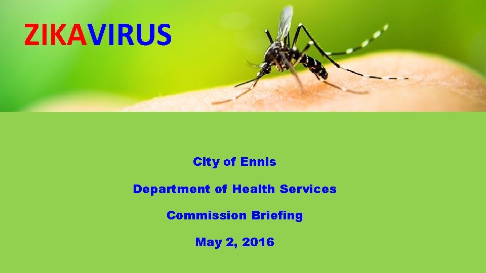 ZIKAVIRUS City of Ennis Department of Health Services Commission Briefing May 2, 2016 ZIKAVIRUS City of Ennis Department of Health Services Commission Briefing May 2, 2016