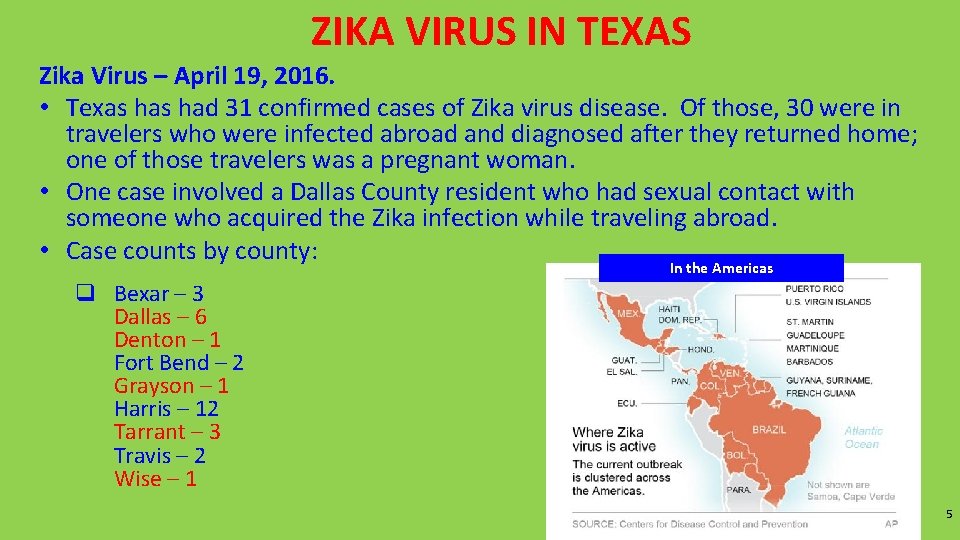 ZIKA VIRUS IN TEXAS Zika Virus – April 19, 2016. • Texas had 31 ZIKA VIRUS IN TEXAS Zika Virus – April 19, 2016. • Texas had 31
