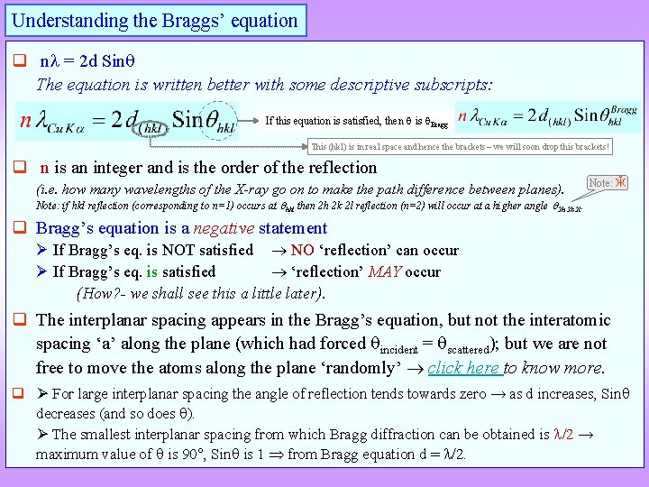 Understanding the Braggs’ equation q n = 2 d Sin The equation is written Understanding the Braggs’ equation q n = 2 d Sin The equation is written